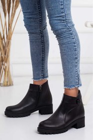 Resim Mehmet Baran Baran Shoes Kadın Siyah Düğme Detaylı Hakiki Deri Fermuarlı Bot 