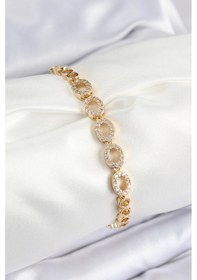 Resim Pirinç Zirkon Taşlı Oval Model Gold Renk Kadın Bileklik - Tj-bb7543 Çok Renkli 