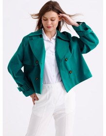 Resim Pastelastore %100 Pamuk Gabardin Astarlı Oversize Geniş Kalıp Kadın Crop Kısa Trençkot 1122 Zümrüt Yeşili 