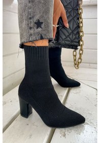 Resim Günlük Kadın Streç Triko Kalın Yüksek Topuklu Bot Bootie Çorap Şeritli Sivri Burun Ayakkabı 167 Siyah 