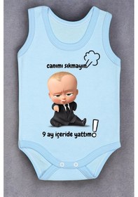 Resim Bebetospik %100 Pamuk 9 Ay İçeride Yattım Baskılı Zıbın & Body Mavi 