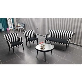 Resim Azra Mobilya Çay Seti Koltuk Takımı Salon Balkon Kafe Ofis Kollu Oturma Grubu Çizgili Takım Siyah-beyaz 