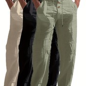 Resim 3 Adet Erkekler İçin Hafif Keten Düz Paça Pantolon Ayarlanabilir Bel İpi & Dekoratif Düğmeler - Nefes Alabilen Bej/Siyah/Gri Günlük Pantolon Koşu, Yürüyüş, Golf ve Dış Aktiviteler için - İlkbahar Yaz Sonbahar, Sade Kumaş Pantolonlar, Dayanıklı Günlük Giyim, Esnemez Kumaş 