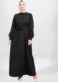 Resim Beyza 5559 Siyah Çizgili Tesettür Kışlık Elbise 