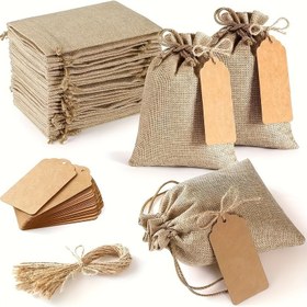 Resim 30 adet Jüt Keten Hediye Çantaları, İpli ve Etiketli, 10.16x15.24 cm Yeniden Kullanılabilir Torbalar Düğün Hediyeleri, Parti Takıları, Noel DIY El İşleri için 
