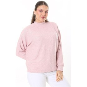 Resim Kadın Büyük Beden Bebe Mavisi Yün Viskon Kumaş Yarasa Kollu Bluz 65n37703-pembe Pembe 