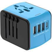 Resim Springsun Mavi Evrensel Seyahat Şarj Cihazı - 4 Port 3 Usb + Type-c Hızlı Şarj, 150+ Ülke Uyumlu, 5 Cihazı Eşzamanlı Şarj Et 