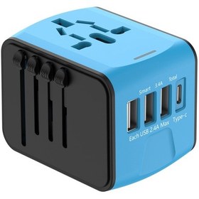 Resim Springsun Mavi Evrensel Seyahat Şarj Cihazı - 4 Port 3 Usb + Type-c Hızlı Şarj, 150+ Ülke Uyumlu, 5 Cihazı Eşzamanlı Şarj Et 