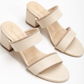 Resim İki Bantlı Taşlı Cilt Siyah Kadın Kısa Topuklu Terlik-2713-ten Ten 