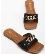 Resim Kadın Düz Topuklu Terlik Siyah Kalın Tek Bant Zincir Aksesuarlı Hasır-4100 Siyah 