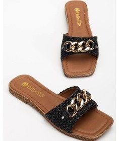 Resim Kadın Düz Topuklu Terlik Siyah Kalın Tek Bant Zincir Aksesuarlı Hasır-4100 Siyah 