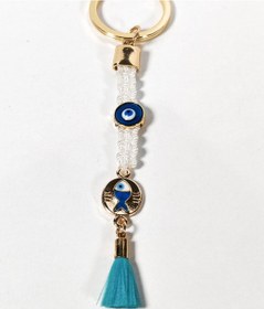 Resim Beyaz Örgü İpli Nazar Boncuğu Ve Balık Figürlü Püsküllü Anahtarlık Zarif, Anlamlı Ve Şık Tasarım Çok Renkli 