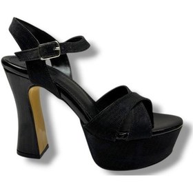 Resim Defne 788-26 Simli Saten Çapraz Bant 30mm Platform Topuk Kadın Sandalet 12cm Siyah 