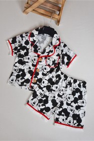 Resim KİDSPİTİRCİK Unisex Çocuk Mickey Desenli Önü Düğmeli Şortlu Pijama Takımı 