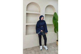 Resim Kadın Oversize Denim Yarasa Kol Kap - Kemerli 