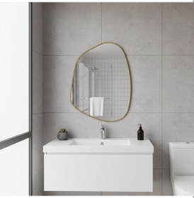Resim 80x108 Cm Modern Asimetrik Banyo Aynası Altın Çerçeveli Organik Şekilli Duvar Aynası Altın 