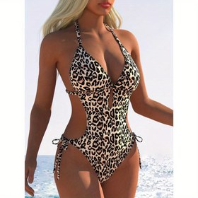 Resim Seksi Kadın Tek Parça Mayo, Leopar Desen Tasarımı, Seksi Derin V Yaka ile Ayarlanabilir Yan Bağları, Moda Plaj Giyimleri, Halter Mayo, Örgü Yüksek Esneklikli Kumaş, Çıkarılabilir Pedler, Plaj ve Havuz için Uygun 