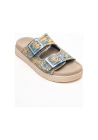 Resim Luvishoes Luvi Shoes Mılana Mavi Desenli Hakiki Deri Tokalı Çift Bantlı Kadın Terlik Mavi 