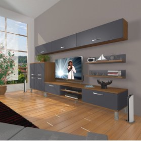 Resim Decoraktiv Eko 8 Mdf Dvd Krom Ayaklı Tv Ünitesi Tv Sehpası - Ceviz - Antrasit 