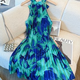 Resim Kadınlar İçin Halter Yaka Bağcıklı Dizayn Pletli Elbise, %100 Polyester Uygun Tatil Stili, Dokuma İlkbahar/Yaz Arkasız Elbise, Yetişkinler İçin 