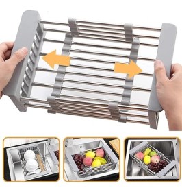 Resim CetKing Uzatılabilir Bulaşık Kurutma Rafı, Lavabo Üzerinde Paslanmaz Çelik Bulaşık Süzgeci, Ayarlanabilir Kollu Bulaşık Süzgeci, Lavaboda Veya Tezgahta Bulaşıklık 