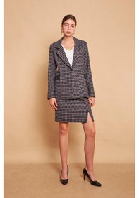 Resim Pamuklu Kalın Tüvit Kumaş Desenli Aksesuar Detaylı Blazer Ceket Metal Aksesuar Çıkabilir -antrasit Kazayağı Antrasit Kzyğ. 