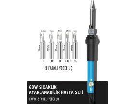 Resim Solinpatech ST-60 60W Isı Ayarlı Sıcaklık Ayarlanabilir Kalem Havya Lehim Makinesi Ve 5 Farklı Yedek Uç 
