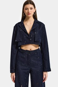 Resim Kadın Lacivert s6-56 Crop Fit Özel Tasarım Delikli Denim Ceket - Lacivert / L 