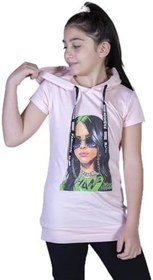 Resim Kız Çocuk Billie Eilish Baskılı Kapüşonlu Tişört Pudra 