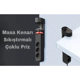 Resim 3x Priz 2x USB 1x Type-C Girişli Priz Masa Kenar Sıkıştırmalı Priz Masaüstü Montaj Akım Koruma Prizi 