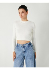 Resim Koton Crop Triko Kazak Hafif Dik Yaka Yumuşak Dokulu Ekru 5wak90187ht Ekru 