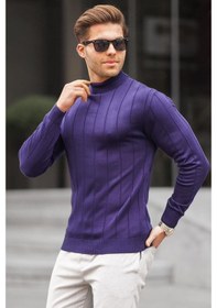 Resim Madmext Lacivert Slim Fit Yarım Balıkçı Yaka Çizgili Tüylenmeyen Erkek Triko Kazak 6344 Lacivert 
