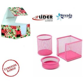 Resim 3 Lü Kalemlik Seti Metal Pembe Perfore +küp Not Kağıdı N11.19959 