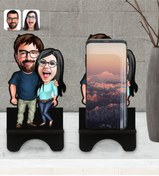 Resim Bk Gift Kişiye Özel Sevgililer Karikatürlü Ahşap Biblo Telefon Standı-109 
