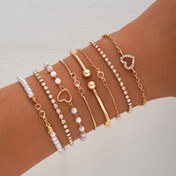 Resim 8 adet Altın Tonlu Moda Basit Sahte İnci ve Taşlı Yılan Zinciri Bilezikler, Unisex Vintage Zarif Alaşım Yığınlanabilir Takılar Günlük, Hediye, Sevgililer Günü için - Tüm Mevsimler İçin Uygun 