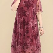 Resim Kadınların Çiçek Desenli Şifon Tunik Elbisesi, Rahat Yuvarlak Yaka Kısa Kollu Midi Elbise, Asimetrik Katmanlı Etek, %100 Polyester Dokuma Kumaş, Hafif Esneklik, Bahar/Yaz/Sonbahar Hafta Sonu Rahat Giyim İçin 