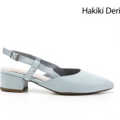 Resim Kadın Bebek Mavisi Kalın Topuklu Arkası Açık Hakiki Deri Ayakkabı 