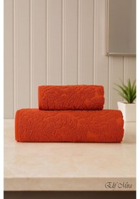 Resim Banyo & Yüz Havlusu Seti %100 Pamuk 90x150 + 50x90 Cm Amorivy Kiremit 