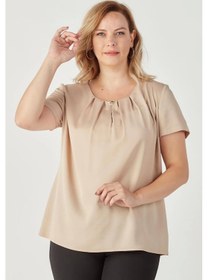 Resim Moda Berray 3202 Damla Yaka Saten Kısa Kollu Büyük Beden Bluz Bej Düz Bej 