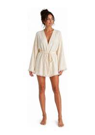 Resim Kadın Ekru Müslin Kimono Bornoz Kuşaklı, Püskül Detaylı, Oversize Rahat Kesim Plaj & Ev Giyim Krem 