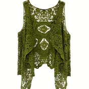 Resim Zarif Yeşil Dantel Kolsuz Hırka Yelek ile Asimetrik Etek ve Nakışlı Çiçek Desenleri, Kadınlar için Hafif Polyester Bluz - İlkbahar/Yaz Günlük Geziler için Mükemmel 