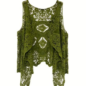 Resim Zarif Yeşil Dantel Kolsuz Hırka Yelek ile Asimetrik Etek ve Nakışlı Çiçek Desenleri, Kadınlar için Hafif Polyester Bluz - İlkbahar/Yaz Günlük Geziler için Mükemmel 