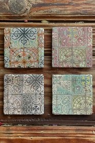 Resim Oscar Stone Decor Baskılı Doğaltaş Bardak Altlığı 4'Lü Set Desen Tile 4Dsn-356 