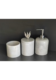 Resim Beyaz Mermer 3'lü Banyo Seti Gümüş Rengi Zeytindalı Akseuarlı Beyaz 