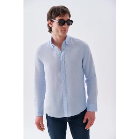 Resim Mudo Erkek Kahverengi Slim Fit Uzun Kollu Keten Gömlek 