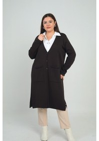 Resim By Saygı Kadın Cepleri Şerit Detaylı Büyük Beden Uzun Triko Hırka-41834 Kahverengi 