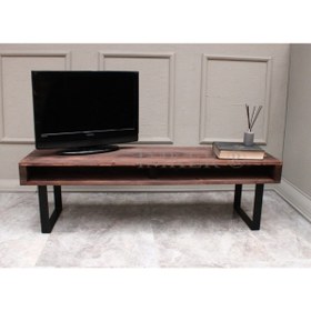 Resim IMKER HOME Masif Doğal Ahşap Çift Katlı Özel Tasarım Metal Ayaklı Tv Sehpası / Ünitesi 150cm 