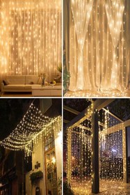 Resim MENFRY 12 Saçaklı 3x2 Mt Dekoratif 240 Led Işık 8 Mod Sarkıt Sarı Renk Ip Perde 