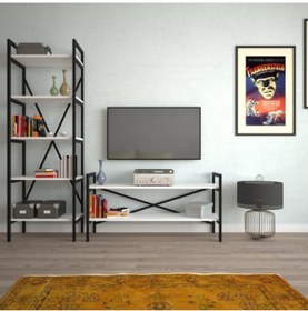 Resim EraHome 2 Raflı Metal Tv Ünitesi + 1 Adet 60 Cm Kitaplık Beyaz 