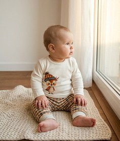 Resim Organik Pamuk GOTS Sertifikalı Baskılı Kahverengi Bebek Pijama Takımı | 1-18 Ay - 1-3 Ay 
